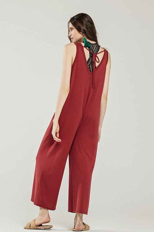 Oversized Patched Pocket V-Neck Jumpsuit