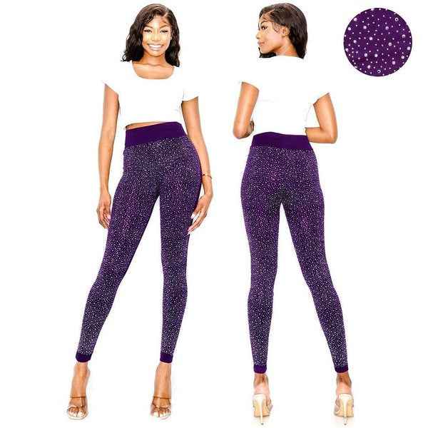 Dazzling Big Chip Rhinestone Leggings Purple