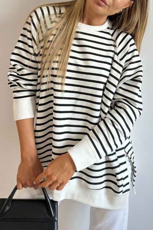 Stripe Raglan Sleeve Side Slits Loose Sweatshirt
