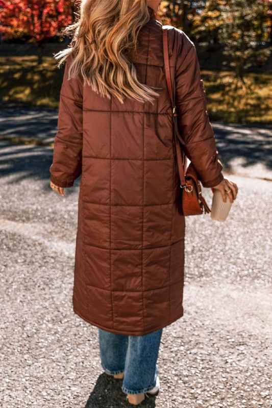 Solid Quilted Stand-Neck Zip-Up Buttoned Puffer C