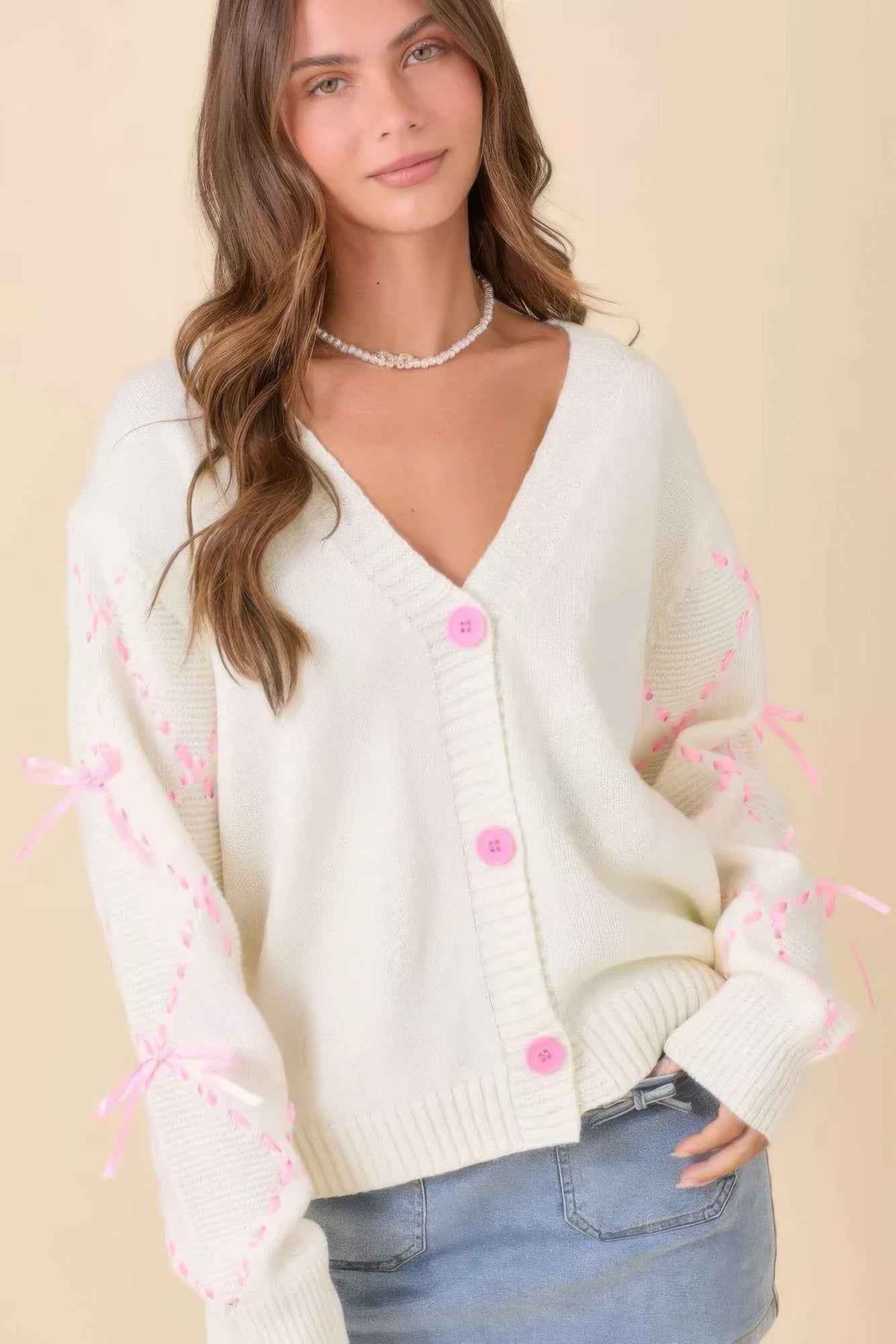 Hand Sewn Satin Ribbon Detail On Sleeve Cardigan