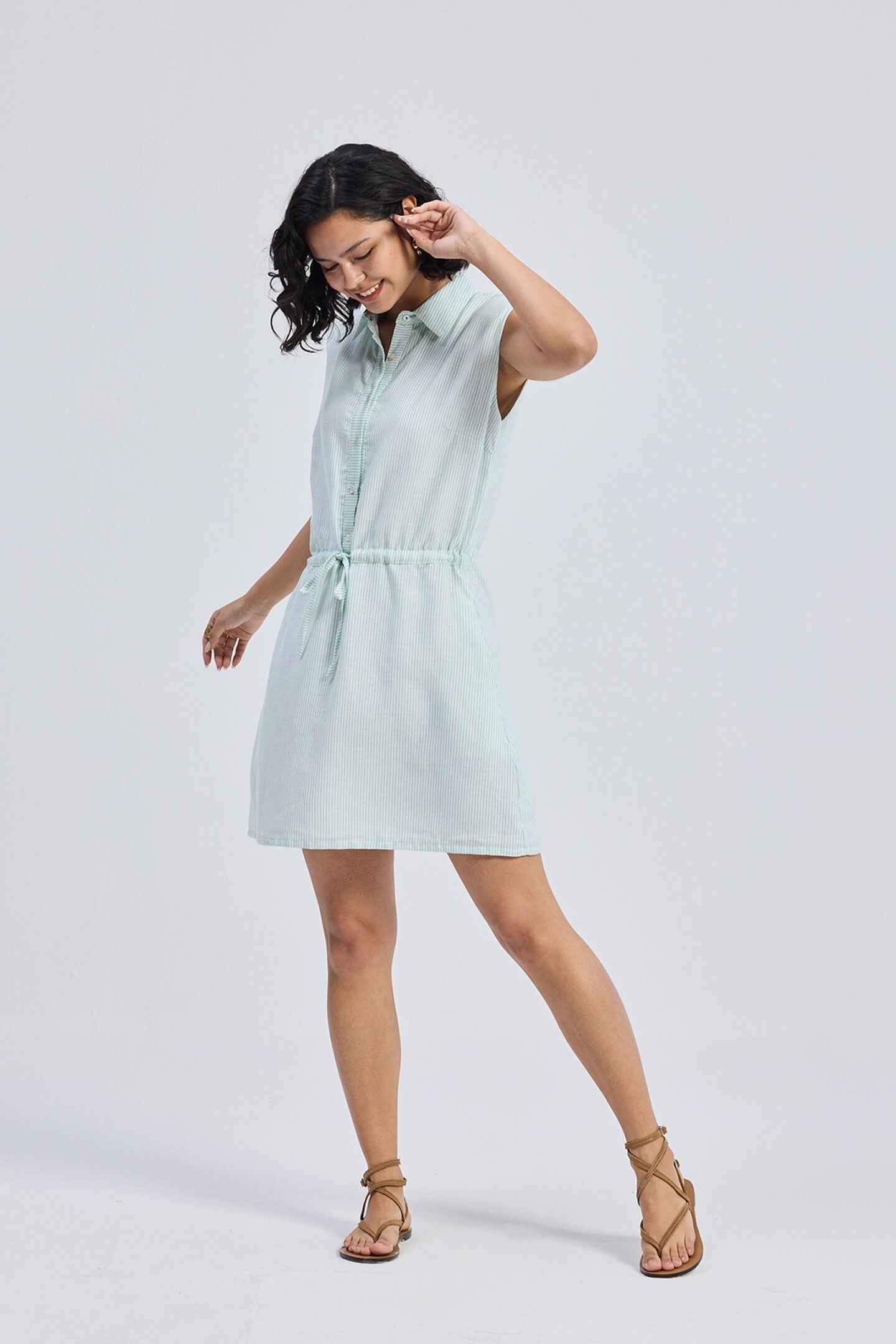 Drawstring Shirt Dress in Stripes