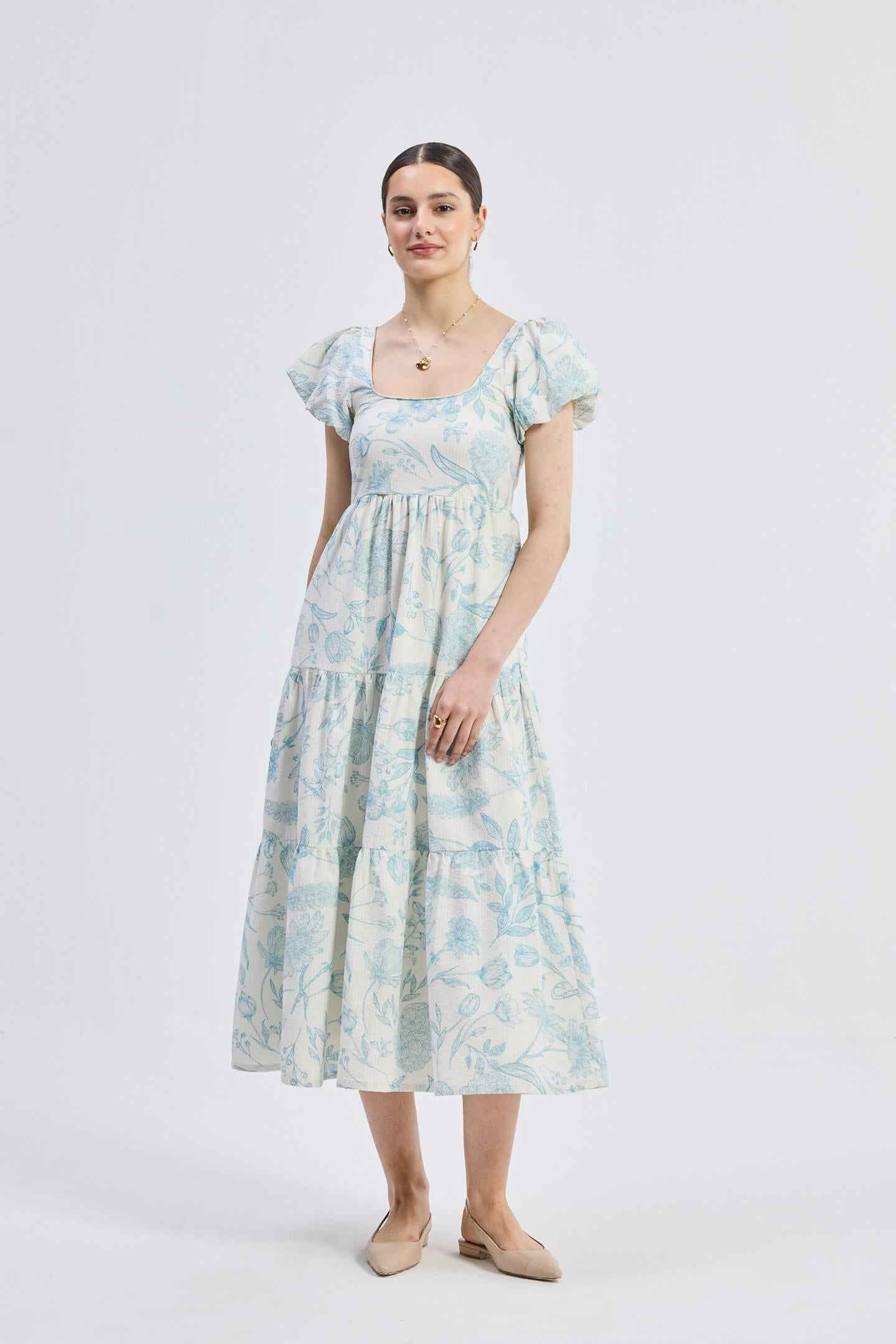 Puff Sleeve Tiered Maxi Dress in Blue Florals