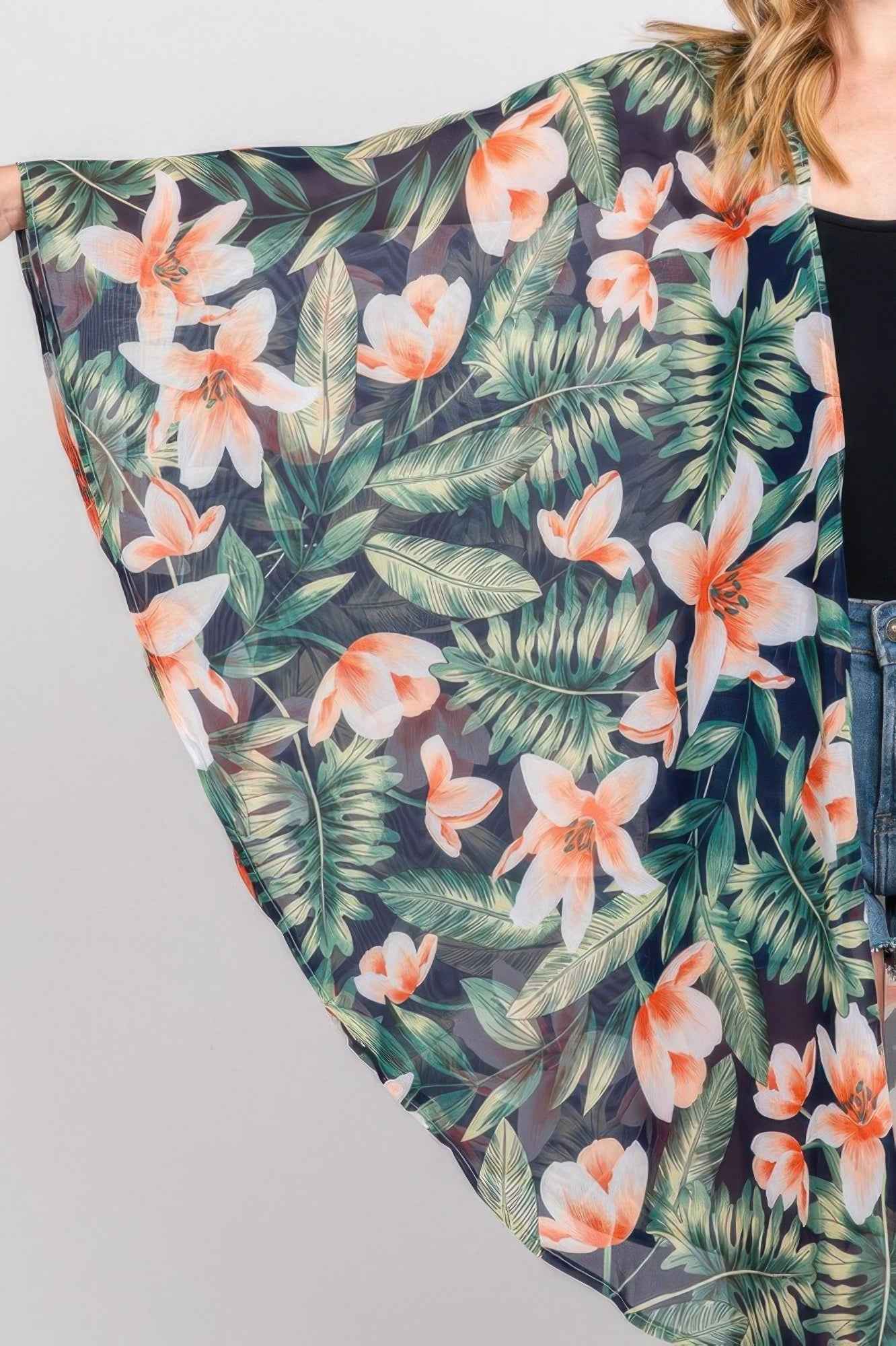 Tropical Flower Leaves Print Shawl Cover-up
