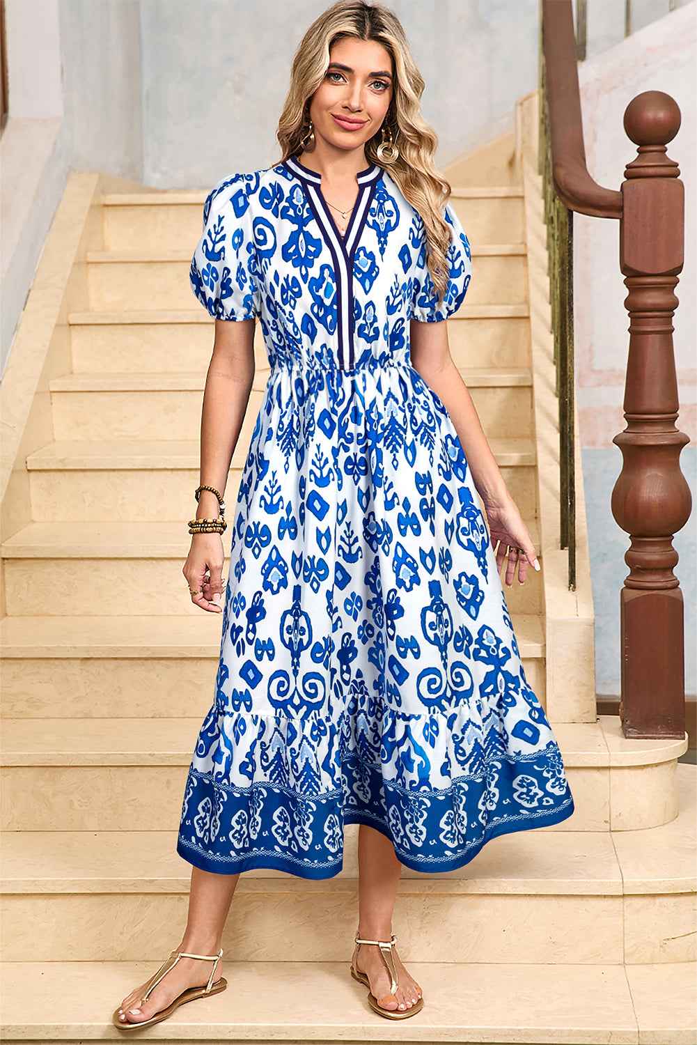Sky Blue Floral Puff Short Sleeve V Neck High Waist Maxi Dress