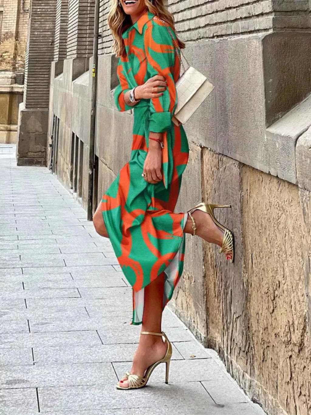 Printed Collared Neck Shirt Dress