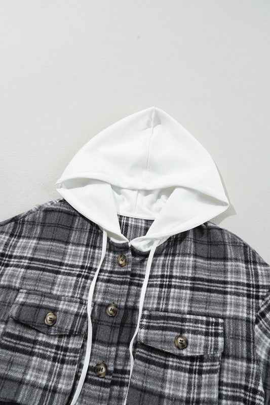 Plaid Pocketed Button-Up Hooded Shacket