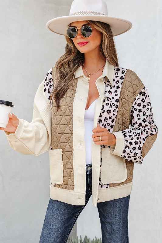 Leopard Waffle Quilted Patchwork Buttoned Jacket