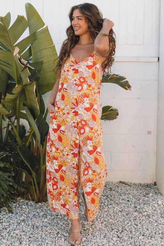 Floral V-Neck Wide Leg Sleeveless Jumpsuit