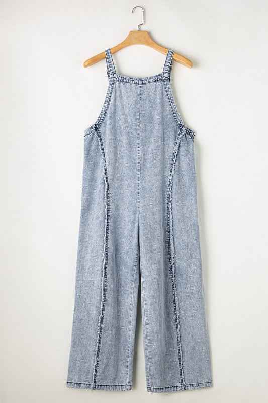 Frayed Exposed Seam Wide Leg Denim Overall