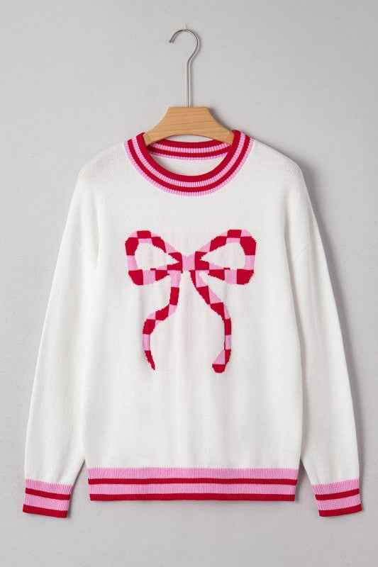 Christmas Stripe Trim Bow Crewneck Sweater