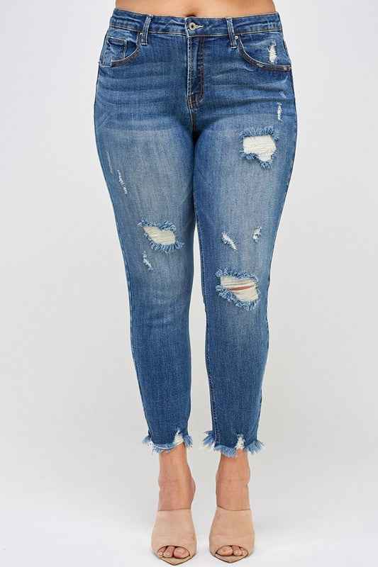 PLUS SIZE HIGH RISE DISTRESSED ANKLE SKINNY