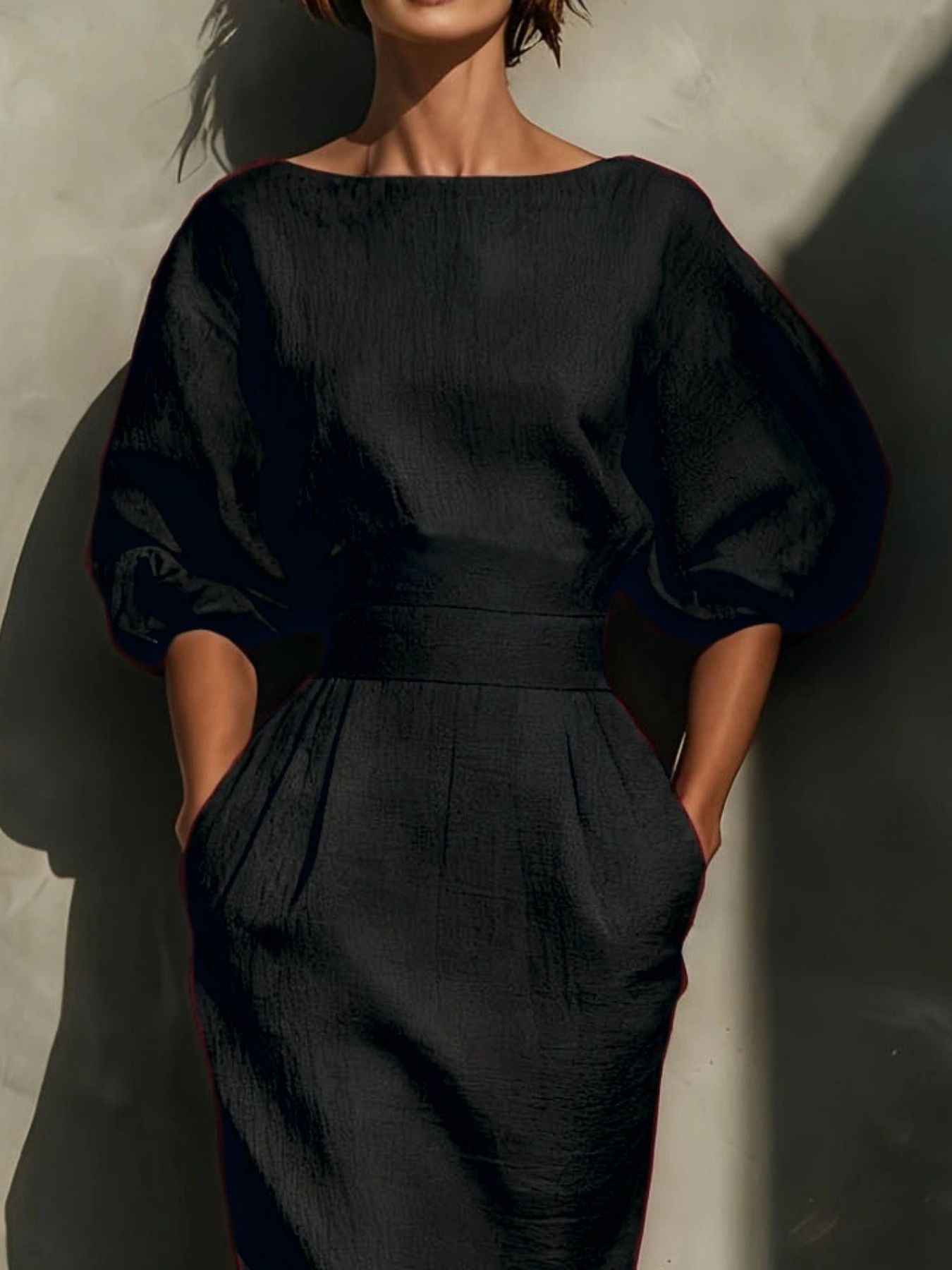 Round Neck Puff Sleeves Midi Dress