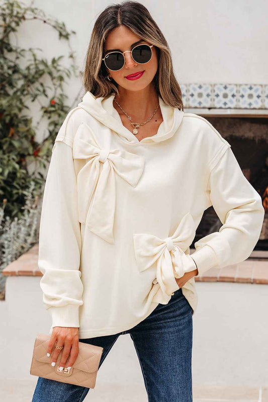 White Solid Color Cute Bow Detail Loose Hoodie