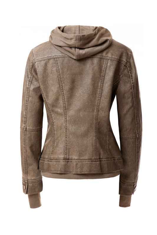 Women's Hood PU Leather Jacket