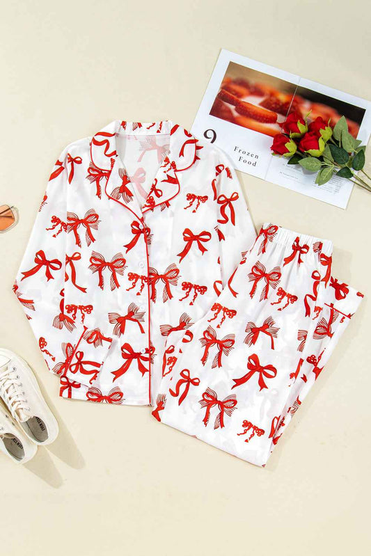 Red Christmas Bow Print Long 2pcs Pajama Set