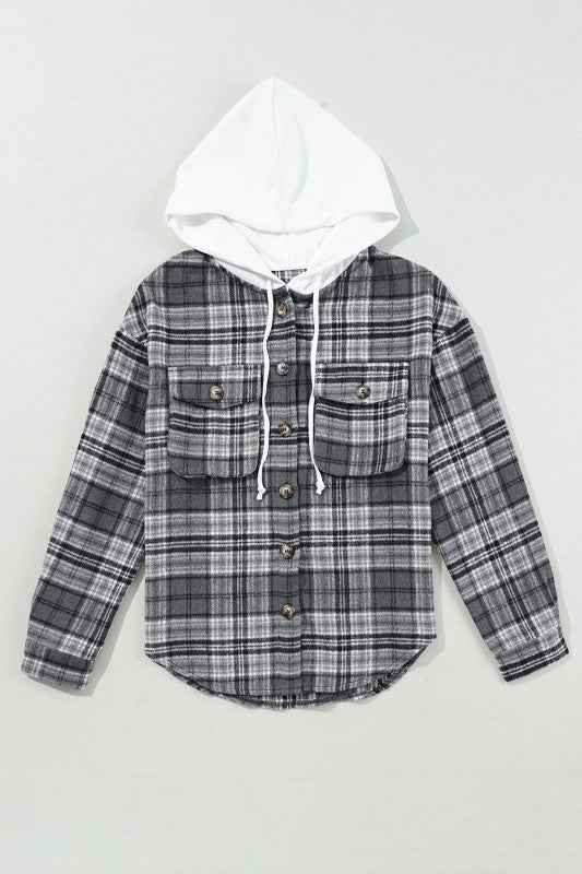 Plaid Pocketed Button-Up Hooded Shacket