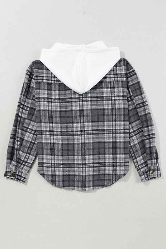 Plaid Pocketed Button-Up Hooded Shacket