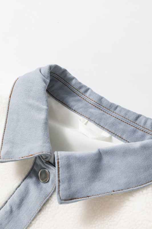 Solid Contrast Trim Buttoned Sherpa Jacket