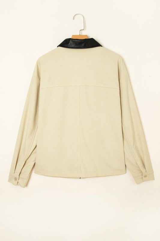 Textured Zip-Up Collared Faux Leather Jacket