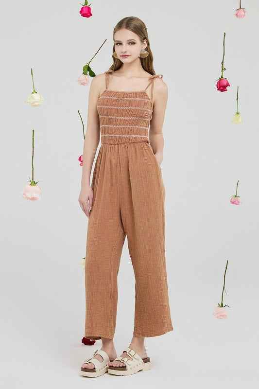 Smocked Top Wide Leg Gauze Jumpsuits