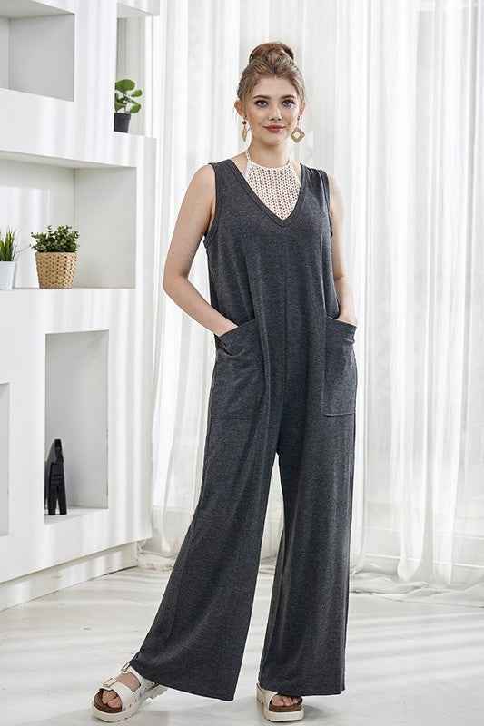 Plus Oversized Patched Pocket V-Neck Jumpsuit
