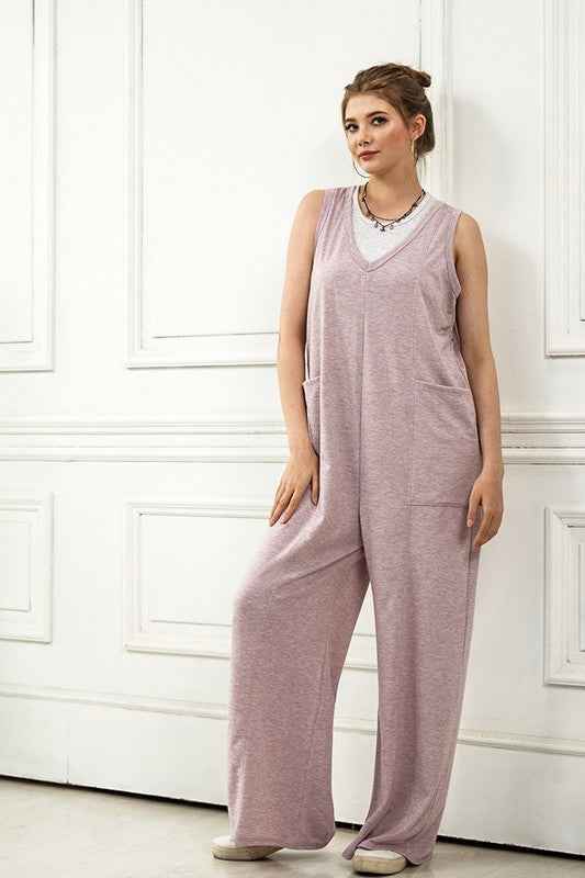 Oversized Patched Pocket V-Neck Jumpsuit