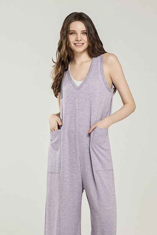 Oversized Patched Pocket V-Neck Jumpsuit
