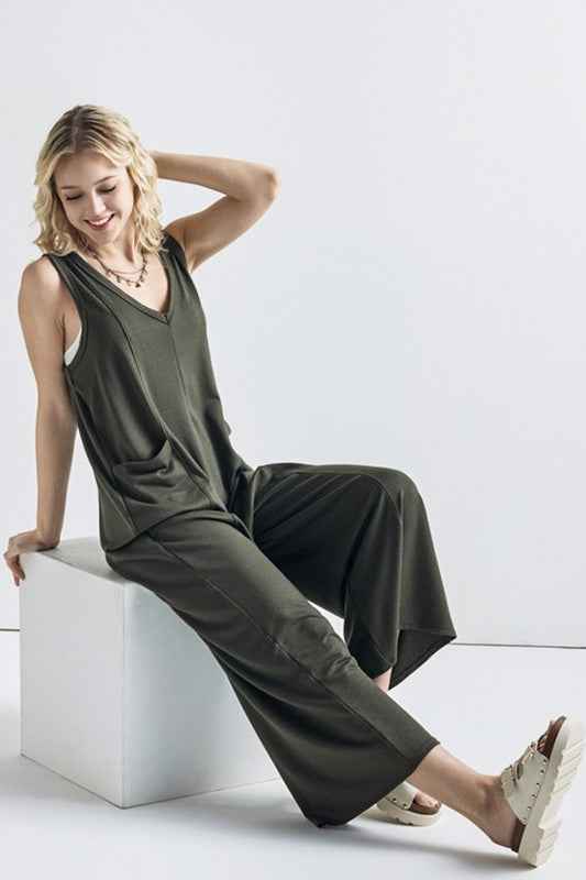Oversized Patched Pocket V-Neck Jumpsuit