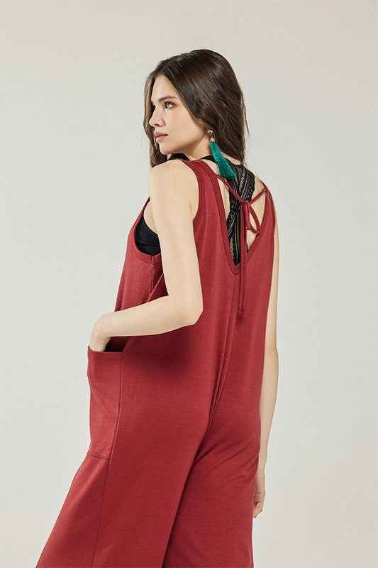 Oversized Patched Pocket V-Neck Jumpsuit