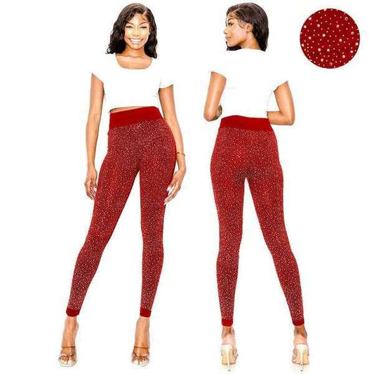 Dazzling Big Chip Rhinestone Leggings Red