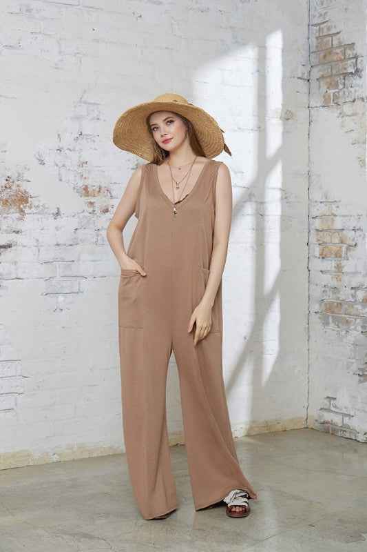 Plus Oversized Patched Pocket V-Neck Jumpsuit