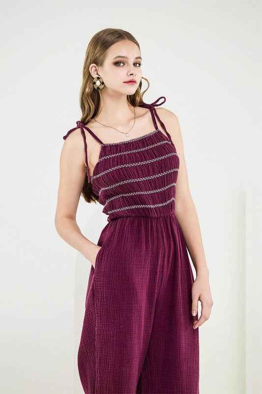 Smocked Top Wide Leg Gauze Jumpsuits