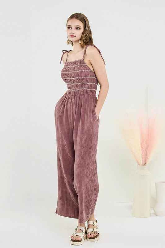 Smocked Top Wide Leg Gauze Jumpsuits