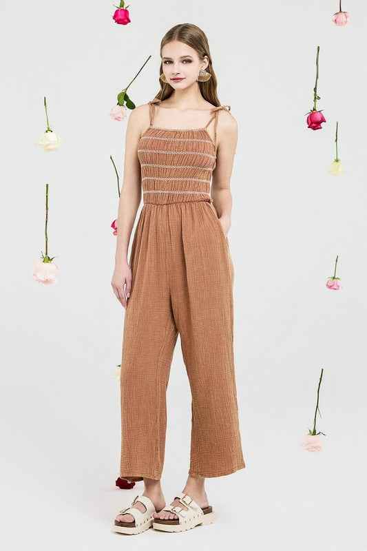 Smocked Top Wide Leg Gauze Jumpsuits