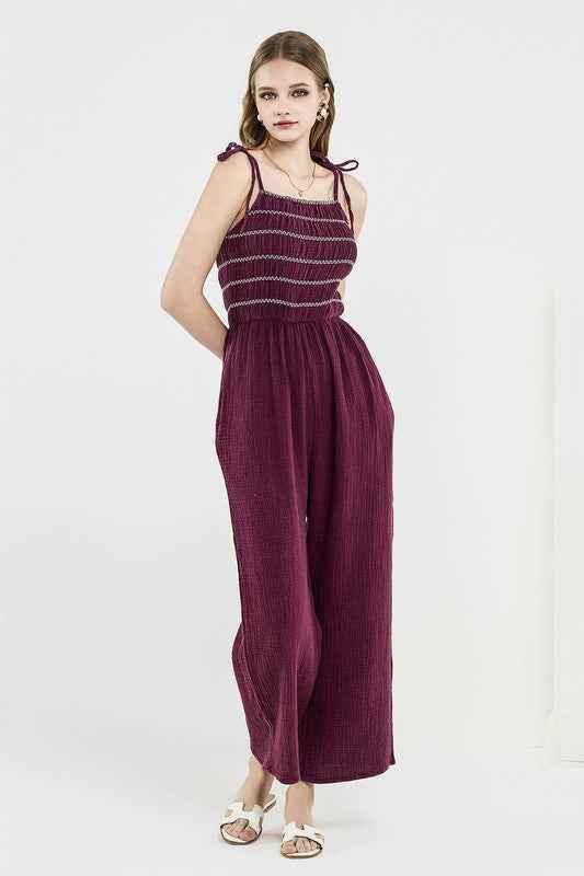 Smocked Top Wide Leg Gauze Jumpsuits