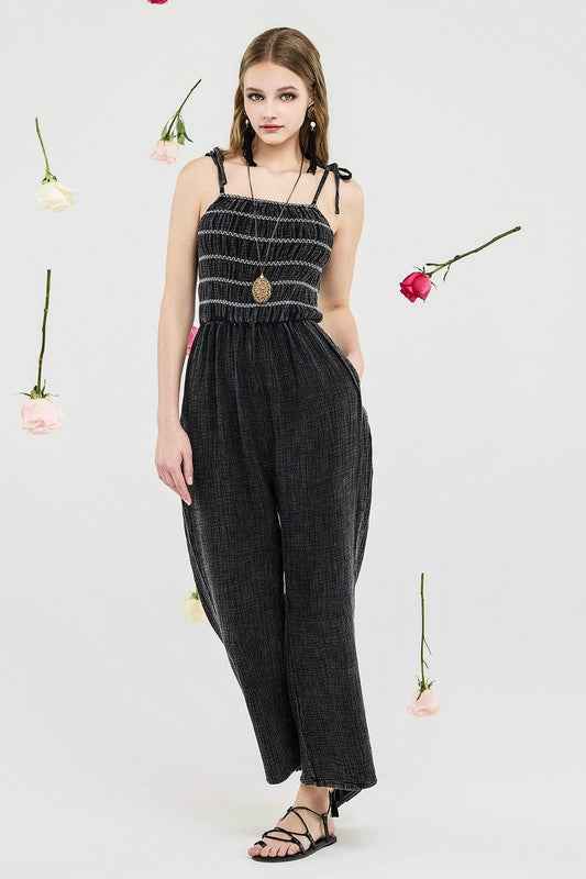 Smocked Top Wide Leg Gauze Jumpsuits