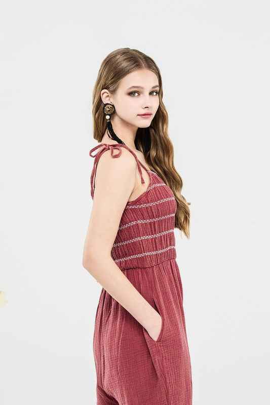 Smocked Top Wide Leg Gauze Jumpsuits