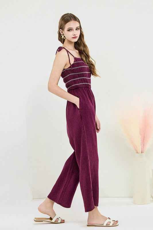 Smocked Top Wide Leg Gauze Jumpsuits