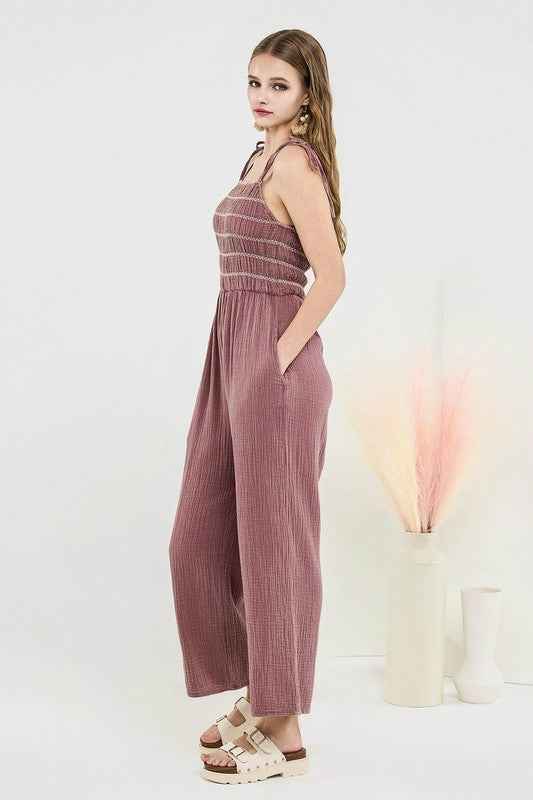 Smocked Top Wide Leg Gauze Jumpsuits