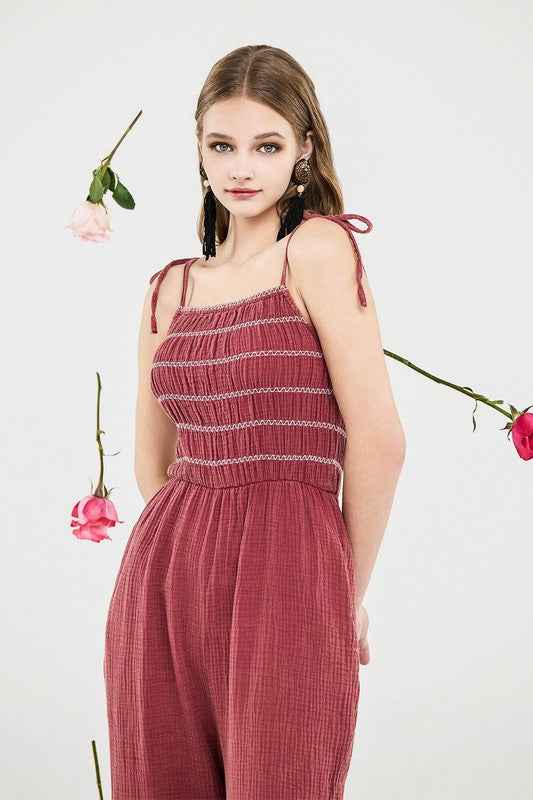 Smocked Top Wide Leg Gauze Jumpsuits