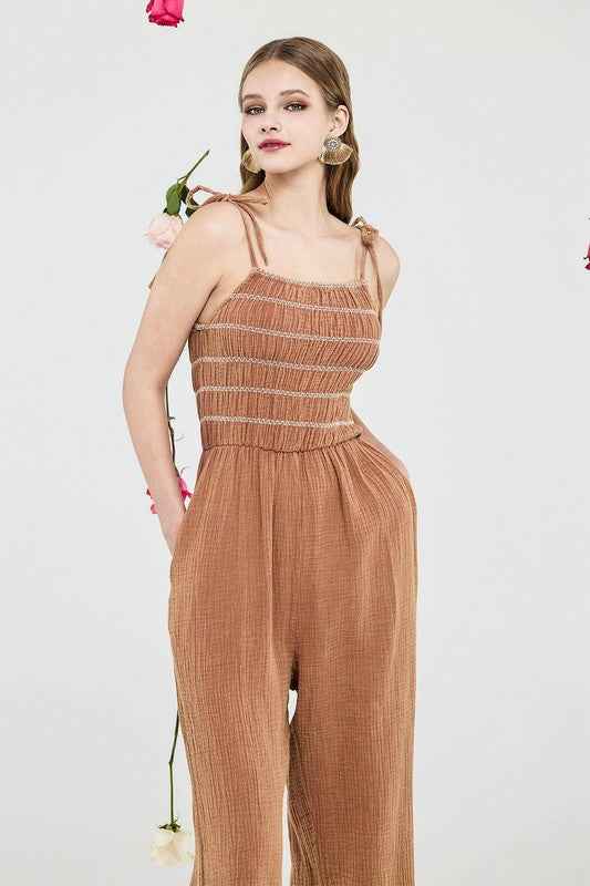 Plus Smocked Top Wide Leg Gauze Jumpsuits