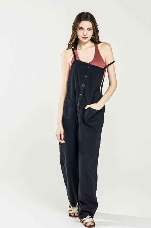 Button Down Sleeveless Overall Jumpsuit