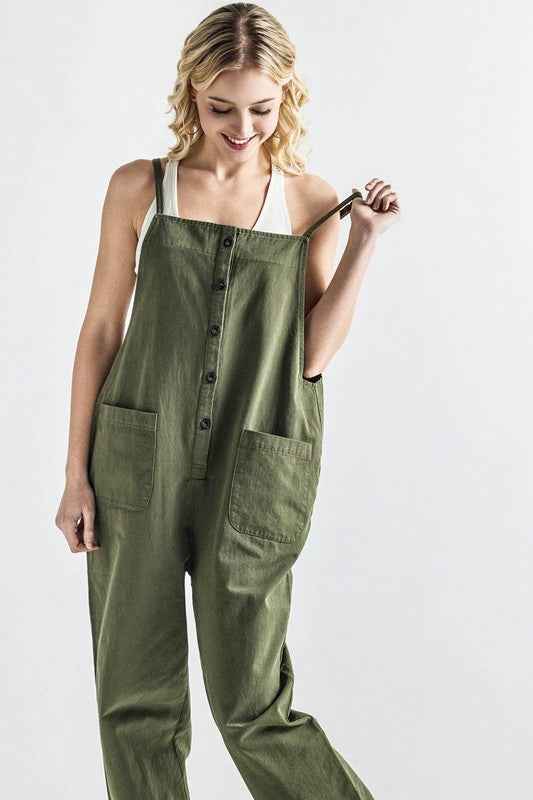 Button Down Sleeveless Overall Jumpsuit