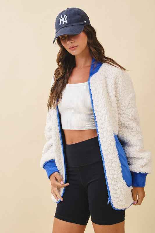 Textured Contrast Pocket Fleece Jacket