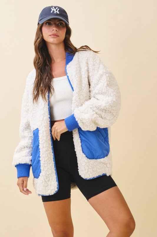 Textured Contrast Pocket Fleece Jacket