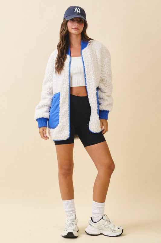 Textured Contrast Pocket Fleece Jacket