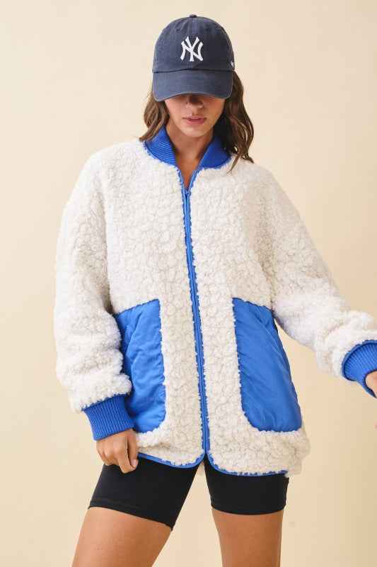 Textured Contrast Pocket Fleece Jacket