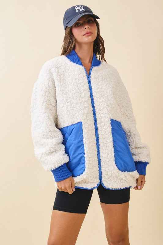 Textured Contrast Pocket Fleece Jacket