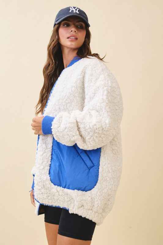 Textured Contrast Pocket Fleece Jacket